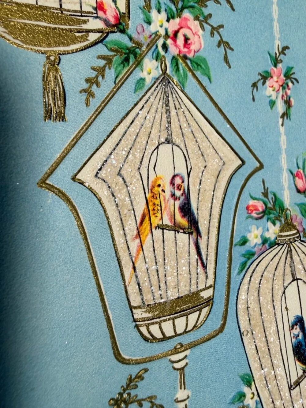 Vintage Pollyanna Greeting Card With Birdcage Design Glitter Accents Paper Ephem